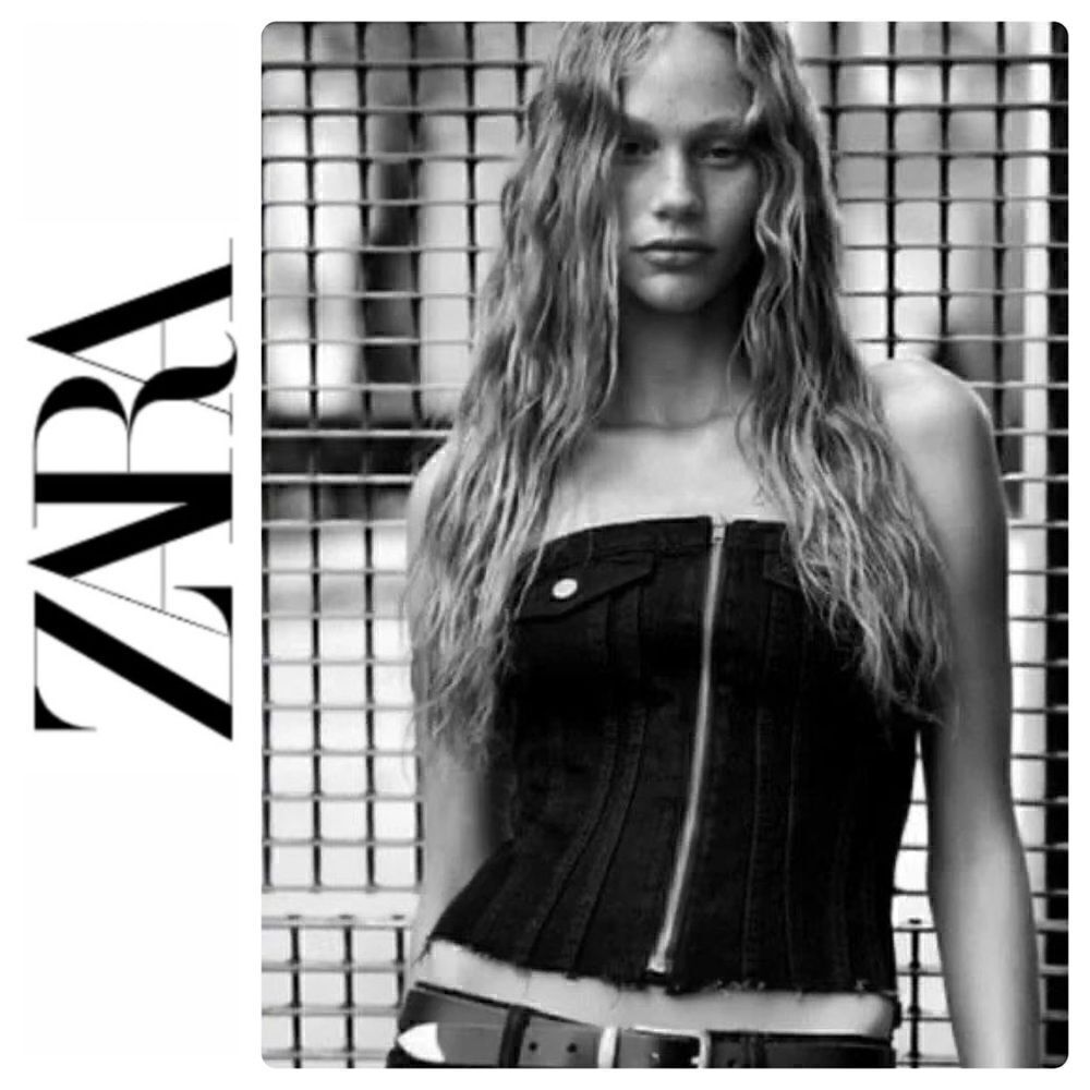 NWT Zara Black Corset Style Front Zip Closure Frayed Hem Fitted Denim Top, Large
